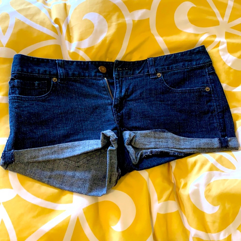 Express dark wash and white Jean shorts